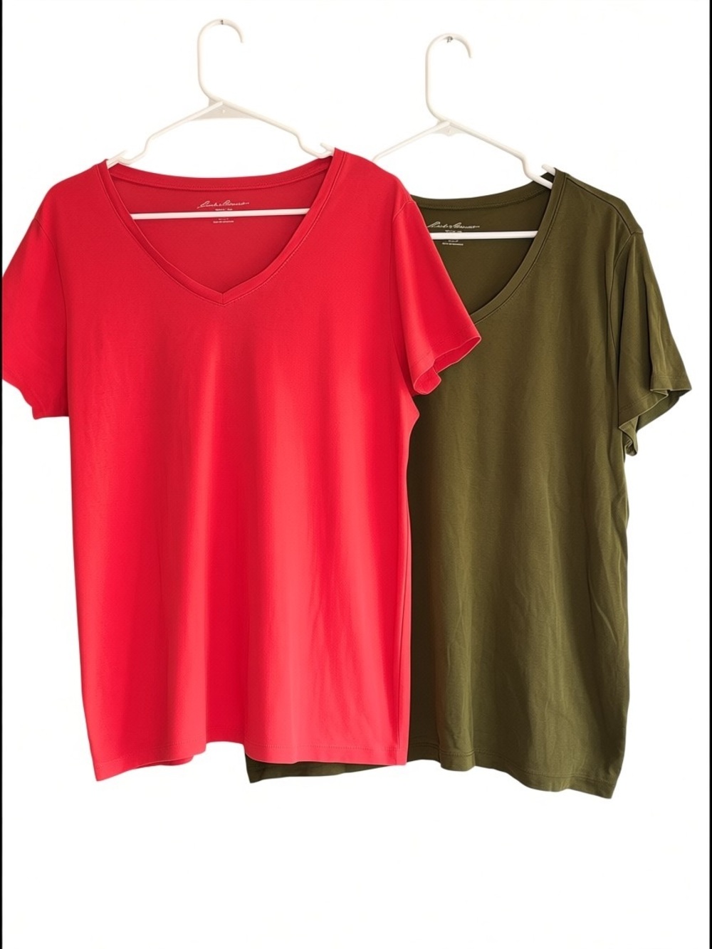 TWO! Eddie Bauer XXL V-Neck Tee Coral Olive Green 100% Cotton Short Sleeve Tops